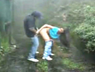 Mangalore horny couple stand fuck doggy and cum in Windy rainy forest